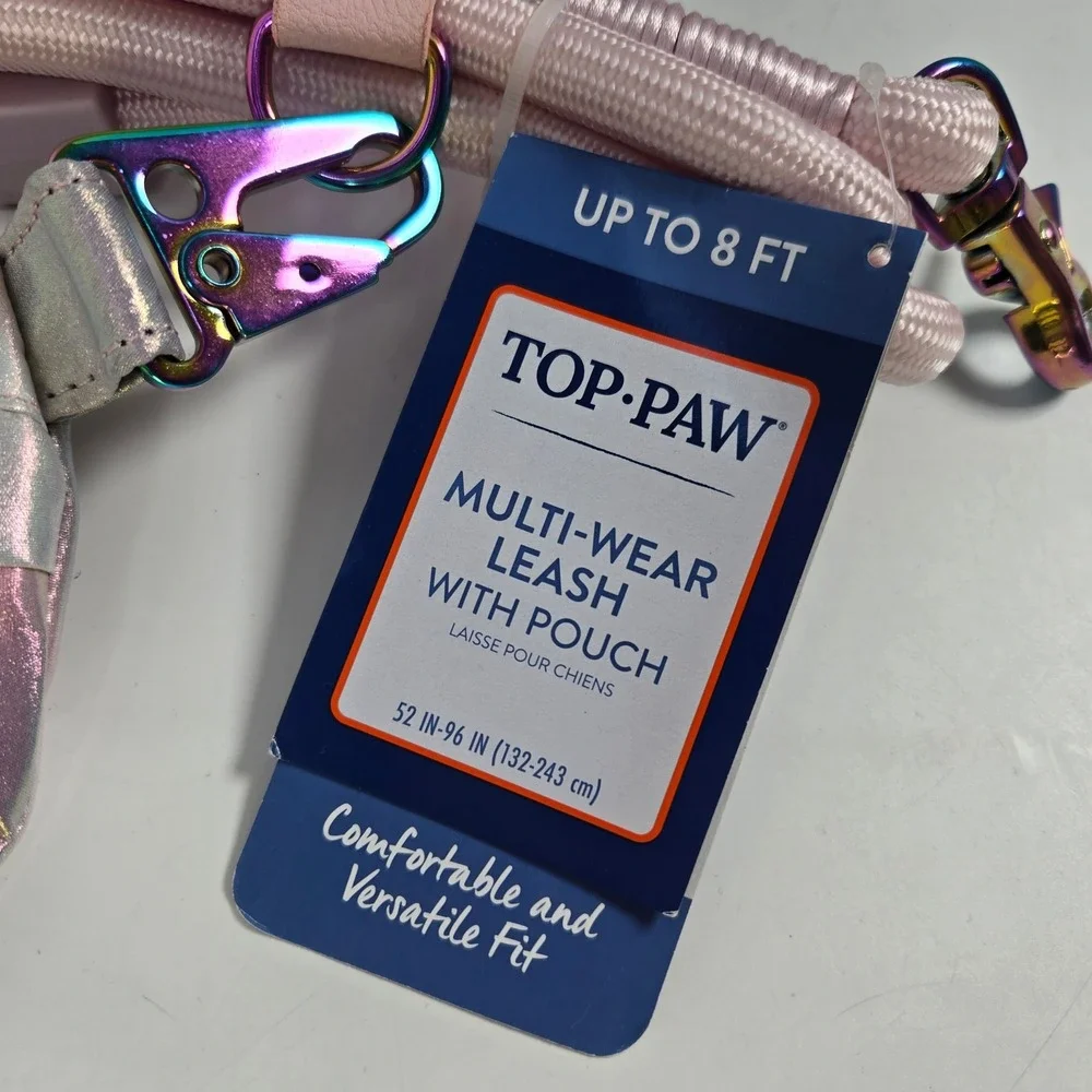 Top Paw Multi-Wear Leash Pouch Pink Purple Iridescent Hands-Free 8ft Pet Gear